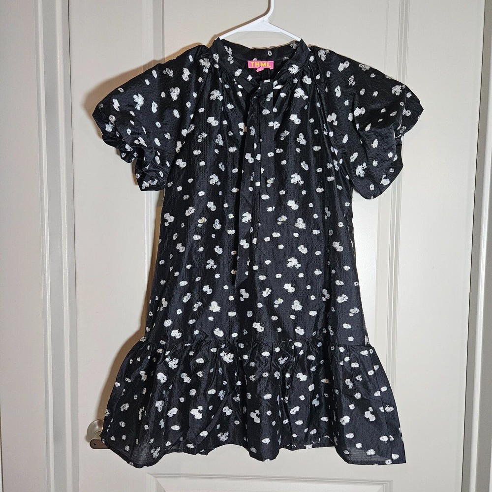 NWOT‎ THML Anthropologie Dress XS Puff Sleeve Abstract Textured White Black